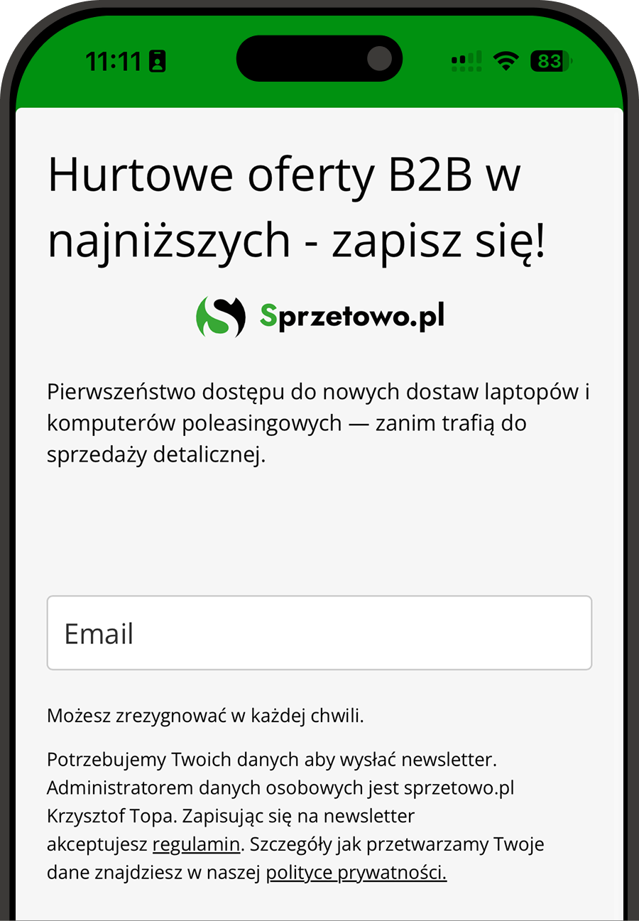 Podgląd formularza newslettera B2B na telefonie